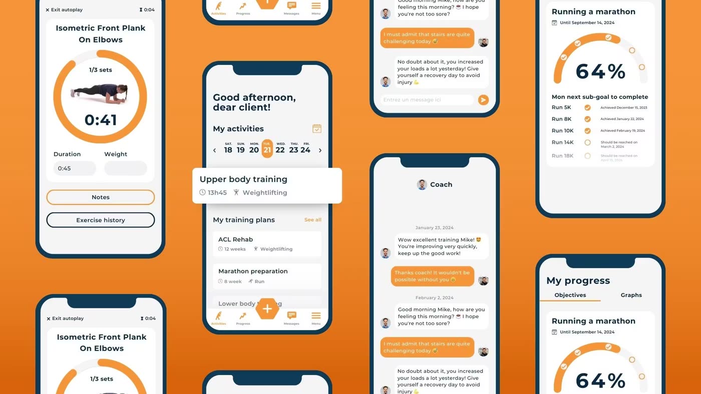 Aperçu de l'application de coaching à distance : suivi des séances, échanges avec ta coach et suivi de progression vers tes objectifs
